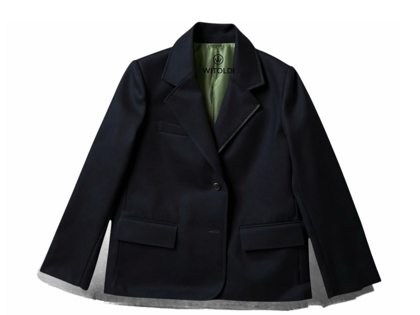 Front view of Witoldi Signature Navy Travel Jacket featuring a slimming structured fit for active women over 50.