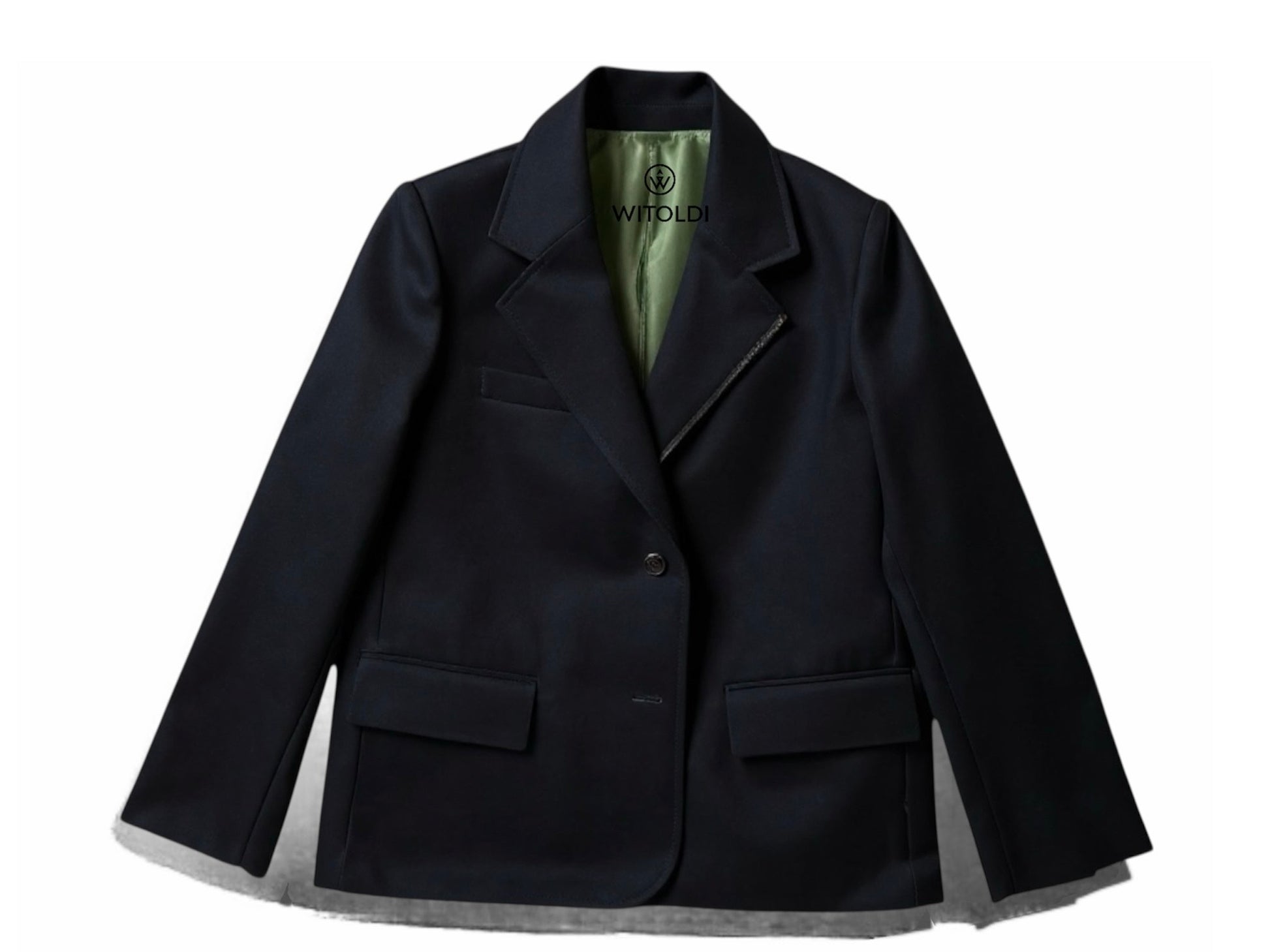 Front view of Witoldi Signature Navy Travel Jacket featuring a slimming structured fit for active women over 50.