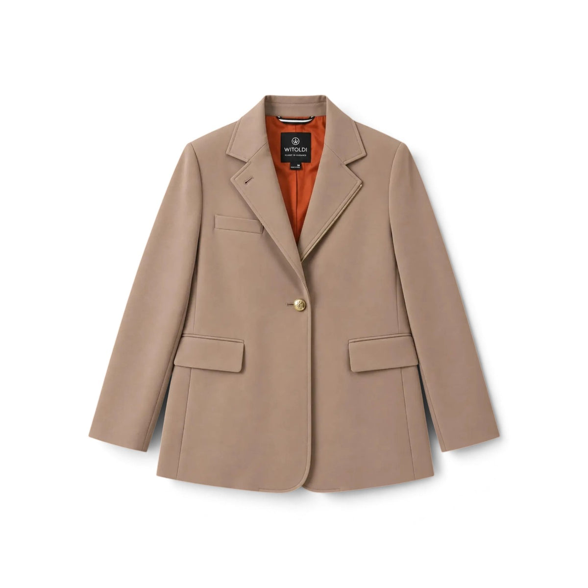 The Arno Jacket in beige, a women's travel blazer with notch lapels and flap pockets