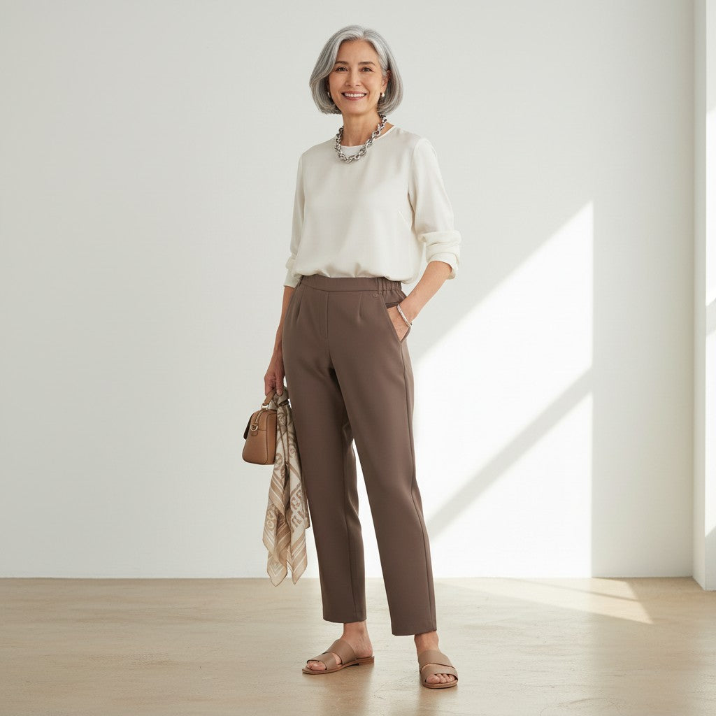 Woman wearing the Arno Pants in beige