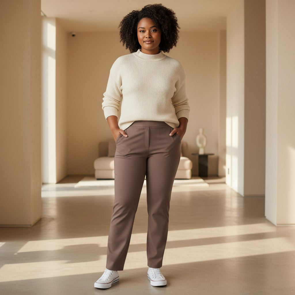 Woman wearing the Arno Pants in beige