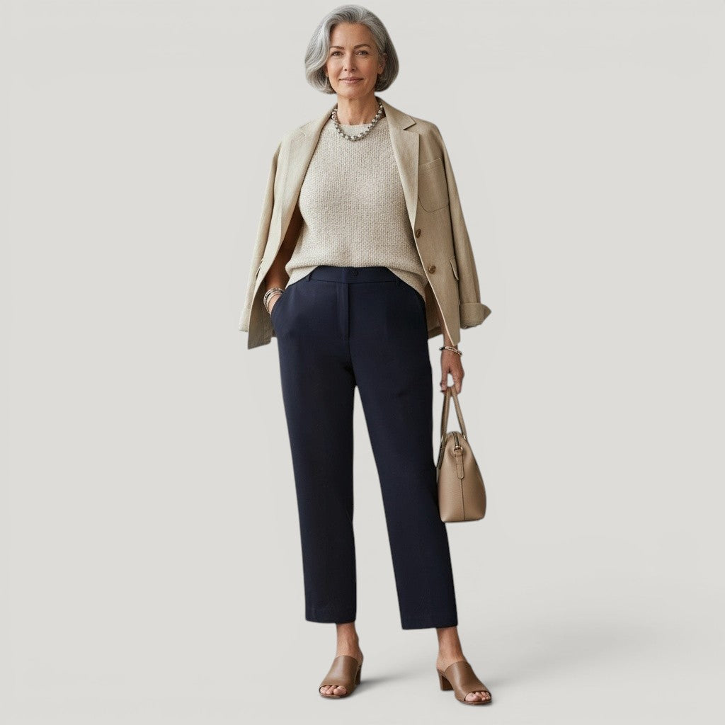 Woman wearing the Arno Pants in navy